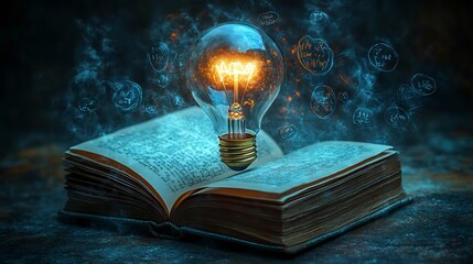Poster - Innovative 3D illustration featuring light bulb top of a book with whimsical doodles floating around symbolizing the connection between education and intellectual property on a minimalistic background