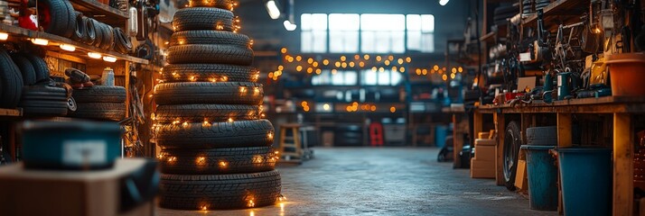 Wall Mural - A stack of tires arranged in a Christmas tree shape, decorated with glowing holiday lights, set in a cozy garage environment.