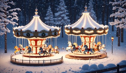 A winter wonderland with two glowing carousels surrounded by snow-covered trees. The bright lights on each carousel and the gentle snowfall add charm and holiday spirit to the scene.