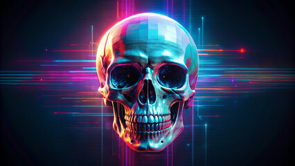 Poster - A vibrant skull rendered in metallic colors surrounded by bright, dynamic lines and abstract patterns, creating a futuristic atmosphere