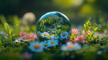 Poster - Inspiring Earth Day concept featuring glass globe set against backdrop of flourishing ecofriendly environment filled colorful flora and fauna highlighting the beauty of nature and conservation efforts