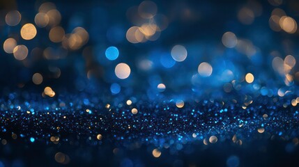 Canvas Print - abstract blue and gold bokeh background with blurred lights and glitter.