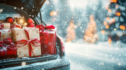 Poster - A car trunk is open, revealing beautifully wrapped holiday gifts in a snowy setting. Evergreen trees adorned with lights create a festive atmosphere as gentle snowflakes fall softly.