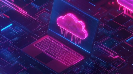 Poster - Working on Laptop with Cloud Computing Diagram, Network Connection, Data Storage. Digital Concept