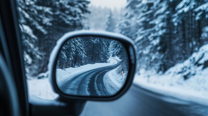 Poster - A view of a winding road surrounded by snowy trees is reflected in a car's side mirror, showcasing the winter landscape. The serene environment highlights the beauty of a snowy day.