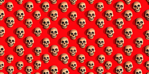 Poster - The artwork showcases a repetitive pattern of skulls in various orientations over a striking red backdrop, evoking themes of life, death, and cultural symbolism