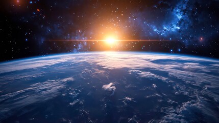 Wall Mural - a stunning view of earth from space, with the sun rising over the horizon and illuminating the cloud