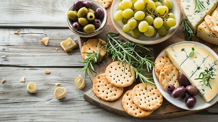 Wall Mural - Gourmet Delights: A Tempting Display of Cheesy Goodness, Grapes, Crackers, and Olives Adorned with F