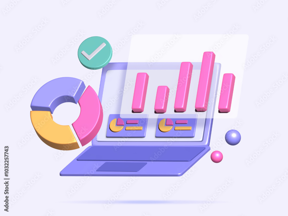 Chart and Graph Icon with Laptop 3D style Vector Illustration in White ...
