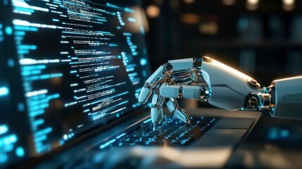 Poster - A robotic hand types on a laptop keyboard with code displayed on the screen.