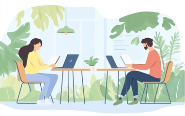 Two people working on laptops in a bright, plant-filled coworking space, showcasing modern eco-friendly office design and remote work lifestyle