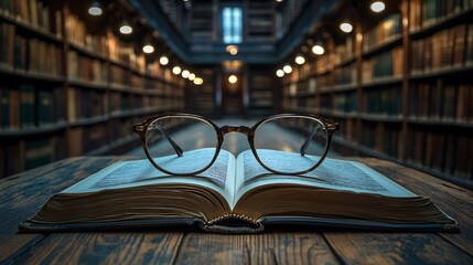 Poster - Inviting scene featuring an open textbook and glasses on a weathered wooden table surrounded by a blurred library background filled with books perfect for conveying the joy of reading and learning