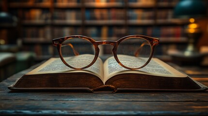 Poster - Inviting scene featuring an open textbook and glasses on a weathered wooden table surrounded by a blurred library background filled with books perfect for conveying the joy of reading and learning