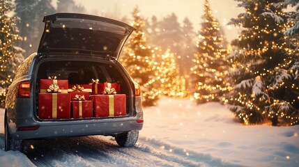 Aufkleber - A car parked on a snowy path reveals a trunk filled with beautifully wrapped gifts. Sparkling Christmas trees create a warm glow in the background, embodying the holiday spirit.