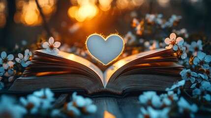 Poster - Open book lying on a wooden table featuring a heartshaped white symbol within its pages surrounded by delicate flowers and soft lighting embodying the joy of reading and love for literature
