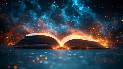 Poster - Open book on a sleek dark surface with swirling bright dust and glowing particles shooting upward representing a burst of knowledge and creativity for World Book Day