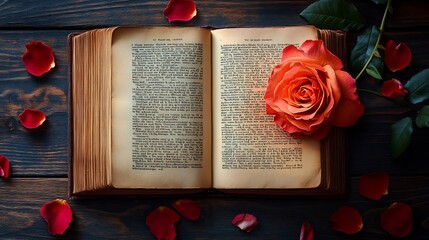 Poster - Open book on a wooden table with a vibrant rose resting on its pages surrounded by scattered petals celebrating World Book Day with a blend of nature and literature in a serene setting