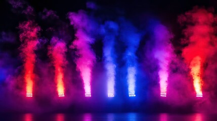 Wall Mural - Abstract colorful smoke illuminated by spotlights on a dark background.