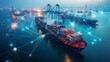 © florynstudio3 - Aerial view of cargo ships at a busy port with a network of glowing lines connecting them, representing global trade and shipping.