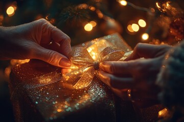 Hands wrapping a glittery gift box with a golden ribbon, surrounded by festive lights.