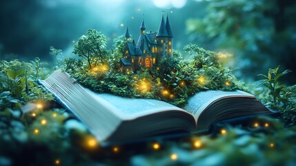 Poster - Open book with a fairytale castle popping up from the center with lush greenery glowing orbs and fantastical creatures surrounding it embodying the magic of storytelling on World Book Day