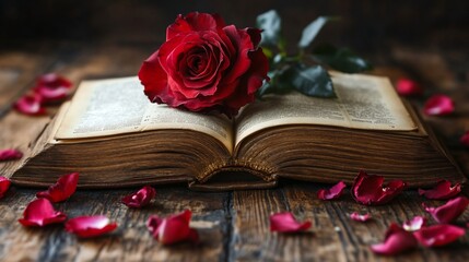 Poster - Open book on a wooden table with a vibrant rose resting on its pages surrounded by scattered petals celebrating World Book Day with a blend of nature and literature in a serene setting