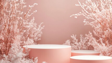 Aufkleber - A pink backdrop with delicate white floral accents surrounds three pink podiums, creating a minimalist and elegant aesthetic.