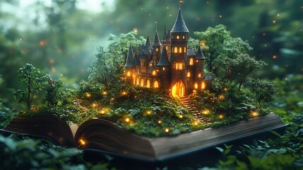 Poster - Open book with a fairytale castle popping up from the center with lush greenery glowing orbs and fantastical creatures surrounding it embodying the magic of storytelling on World Book Day