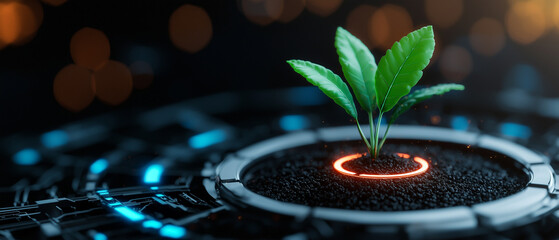 Aufkleber - futuristic plant growing in high tech environment symbolizes innovation and sustainability. vibrant green leaves contrast with dark soil and glowing circular base, creating striking visual