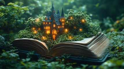 Poster - Open book with a fairytale castle popping up from the center with lush greenery glowing orbs and fantastical creatures surrounding it embodying the magic of storytelling on World Book Day