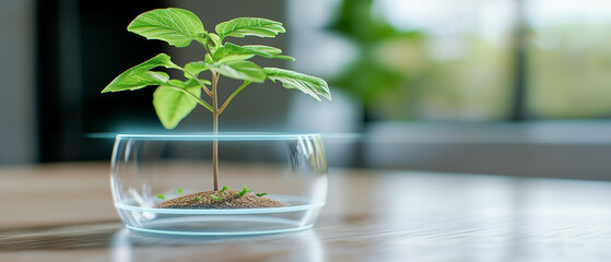 Poster - close up view of small plant growing in transparent container, showcasing its vibrant green leaves and soil. image conveys sense of growth and innovation in modern setting