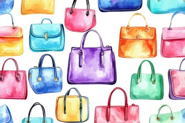 Vibrant watercolor handbags arranged in an artistic pattern, showcasing various colors and styles perfect for fashion lovers.