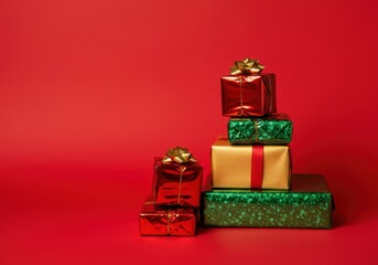 Wrapped christmas presents with gold ribbons are stacked on a red background