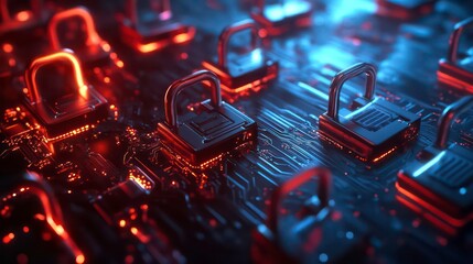 Poster - Close-up of padlocks on a futuristic circuit board with glowing red and blue lights.