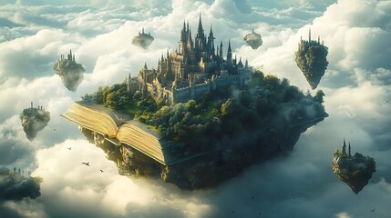 Poster - Open book with a magical fantasy world emerging a towering castle surrounded by floating islands and mystical creatures creating a sense of wonder and adventure celebrating World Book Day