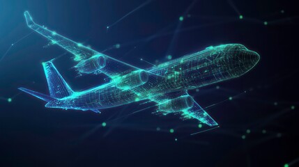Wall Mural - a digital rendering of an airplane in flight with glowing lines and points of light against a dark b