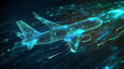 Wall Mural - a digital rendering of an airplane flying through a field of data.