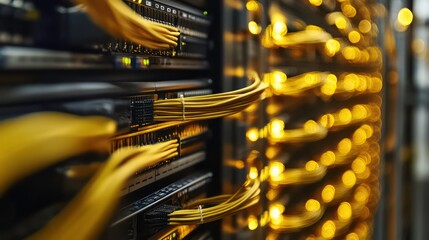 Poster - Close-up of a server rack with yellow cables.