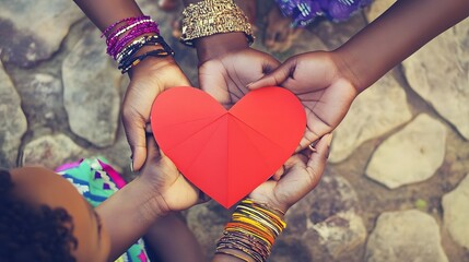 Four hands hold a red paper heart, a symbol of love and unity.