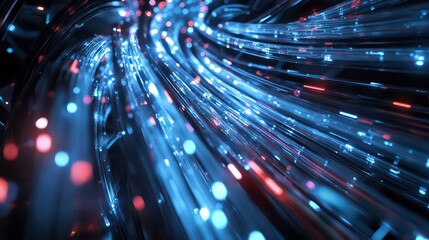 Poster - Abstract digital tunnel of blue and red glowing lines and light dots on a black background.