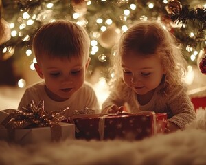 Wall Mural - Children excitedly unwrap gifts under a beautifully lit Christmas tree.