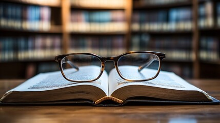 Poster - Open textbook resting on a wooden library table accompanied by stylish glasses with a soft focus on the bookshelves in the background creating an inviting atmosphere for learning