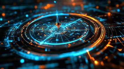 Wall Mural - a futuristic compass with blue and orange lights, with a glowing needle pointing north.