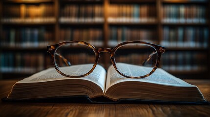 Poster - Open textbook resting on a wooden library table accompanied by stylish glasses with a soft focus on the bookshelves in the background creating an inviting atmosphere for learning