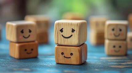 Poster - Artistic display of wooden cubes arranged a calming blue backdrop each cube showcasing different emotion faces reflecting the essence of World Mental Health Day and positive customer feedback