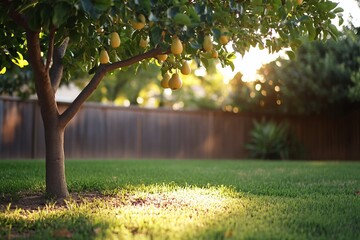 A serene garden scene featuring a pear tree and lush grass.