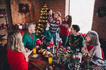 Canvas Print - Portrait of peaceful big family have fun sit table enjoy celebrate new year xmas flat indoors