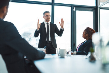 Poster - Meeting, growth and business people in office with ceo, ideas or development of sales pitch. Leadership, collaboration and corporate team in conference room together for advice, support or proposal.