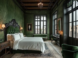 A luxurious bedroom with a king-size bed, green walls, a large window, and a vintage armchair.