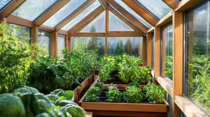 Wall Mural - A vibrant greenhouse filled with various plants and vegetables.